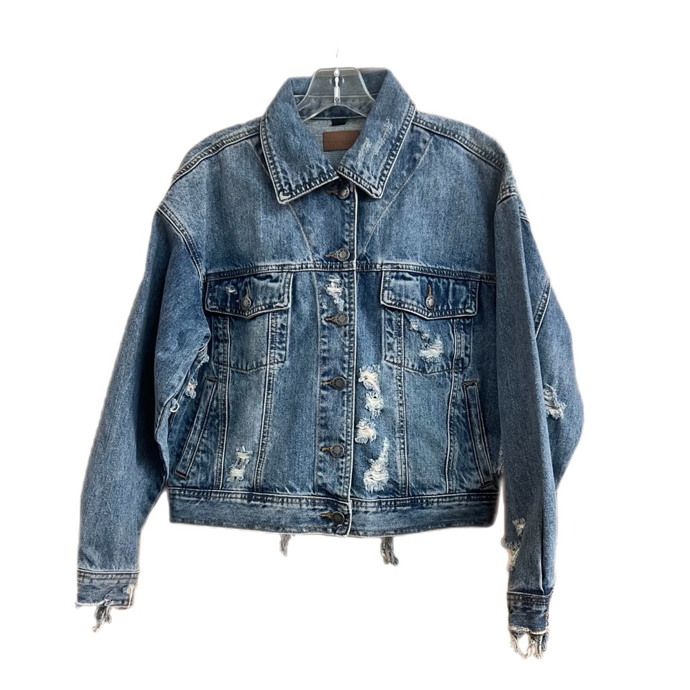 NEW Judy Blue Medium blue Distressed Trucker Jacket Rainbow Thread